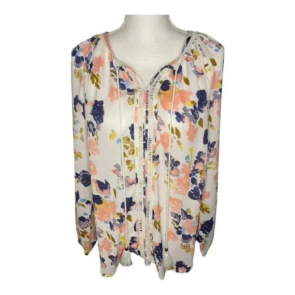 Preswick & Moore Women’s Medium White Pink & Blue Floral Flowy Lightweight Top